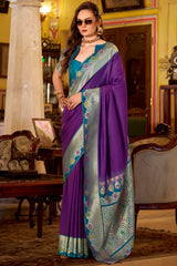 Palimpsest Purple Pure Zari Weaving Banarasi Silk Saree With Designer Blouse Piece