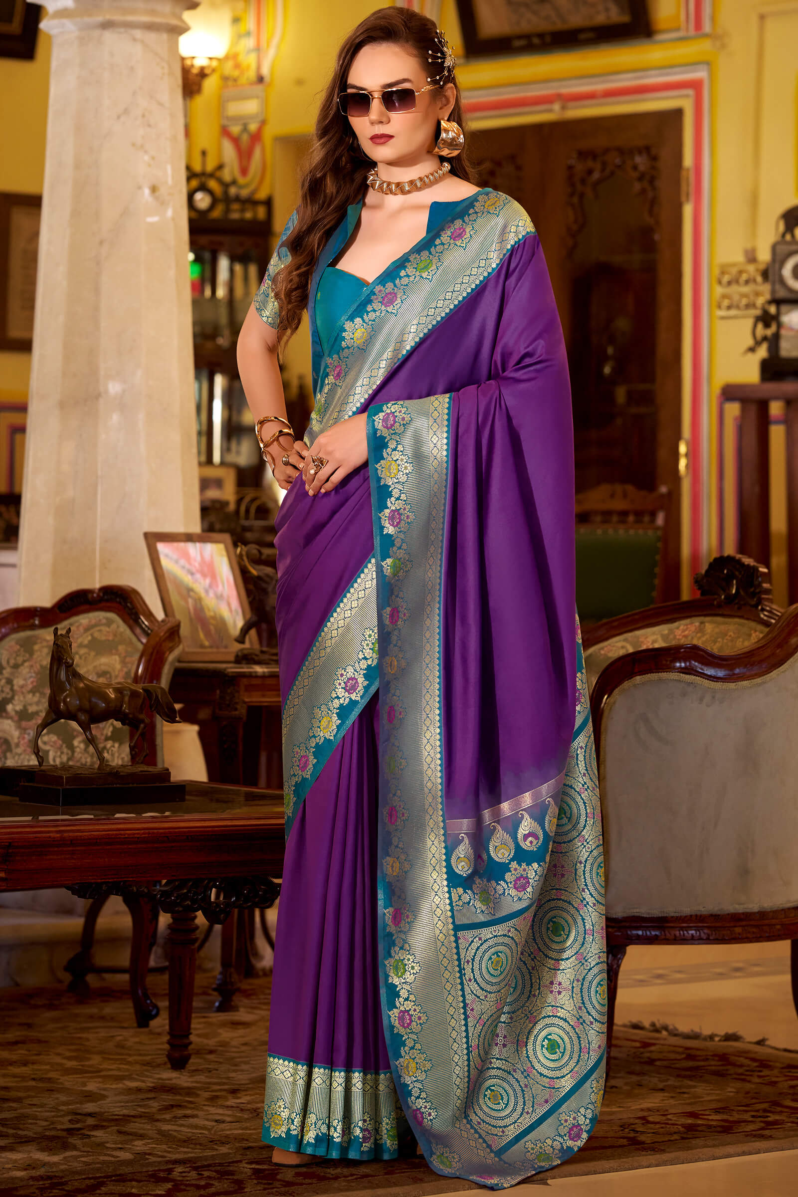 Palimpsest Purple Pure Zari Weaving Banarasi Silk Saree With Designer Blouse Piece