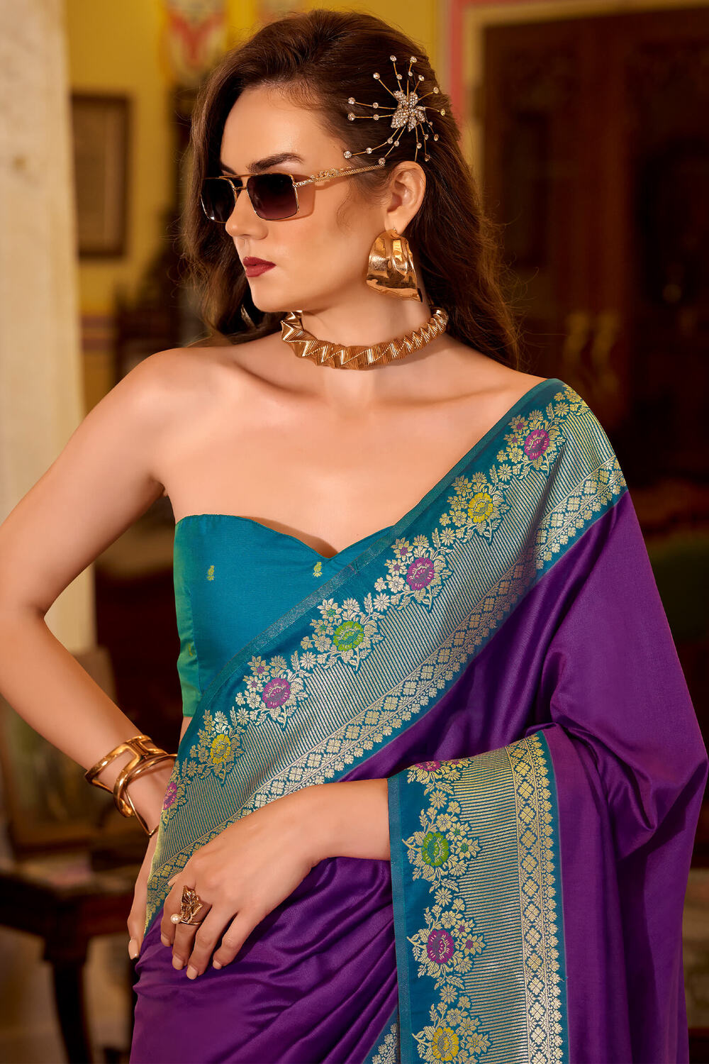 Palimpsest Purple Pure Zari Weaving Banarasi Silk Saree With Designer Blouse Piece