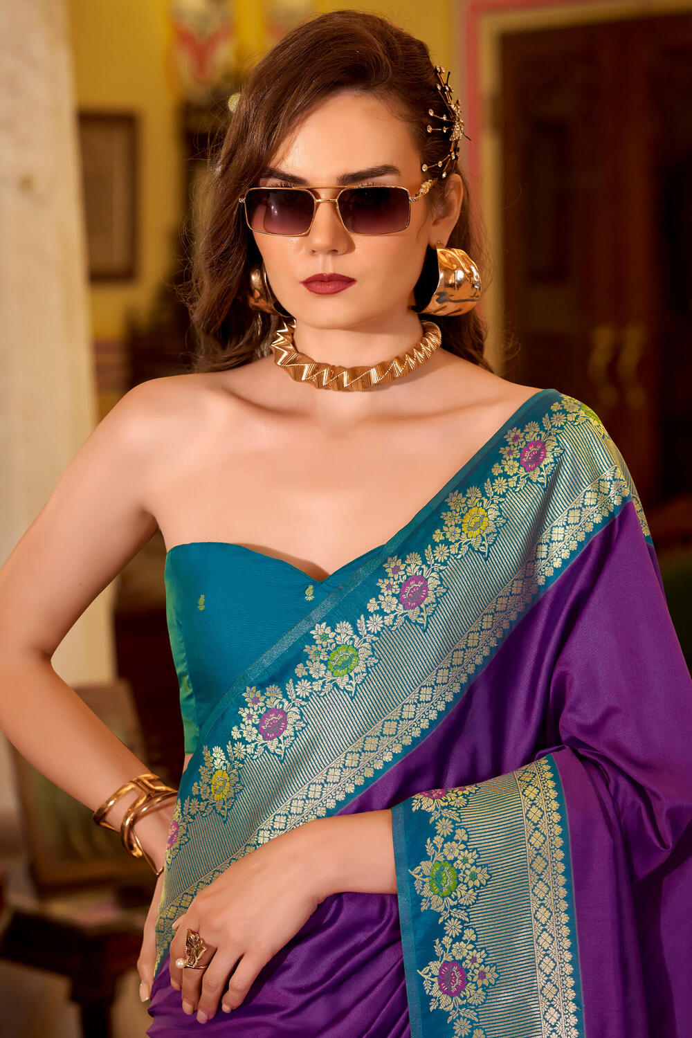 Palimpsest Purple Pure Zari Weaving Banarasi Silk Saree With Designer Blouse Piece