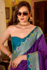 Palimpsest Purple Pure Zari Weaving Banarasi Silk Saree With Designer Blouse Piece