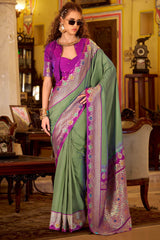 Fugacious Green Pure Zari Weaving Banarasi Silk Saree With Demure Blouse Piece