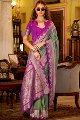 Fugacious Green Pure Zari Weaving Banarasi Silk Saree With Demure Blouse Piece
