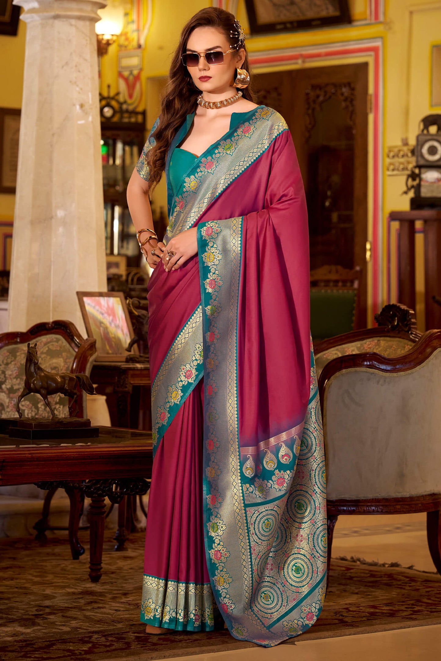 Ethnic Maroon Pure Zari Weaving Banarasi Silk Saree With Scintilla Blouse Piece