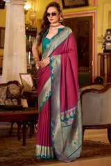 Ethnic Maroon Pure Zari Weaving Banarasi Silk Saree With Scintilla Blouse Piece