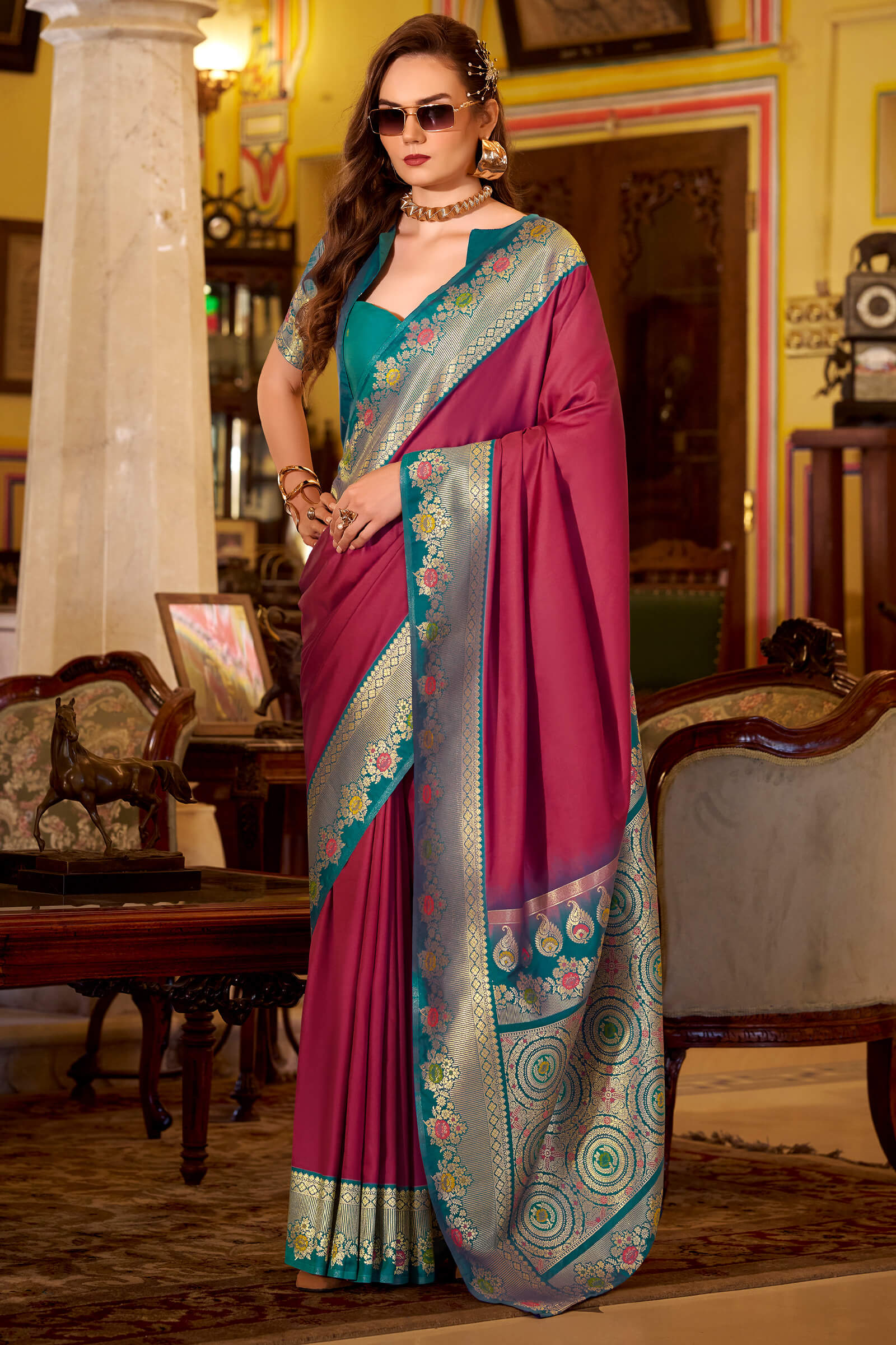 Ethnic Maroon Pure Zari Weaving Banarasi Silk Saree With Scintilla Blouse Piece