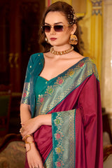 Ethnic Maroon Pure Zari Weaving Banarasi Silk Saree With Scintilla Blouse Piece