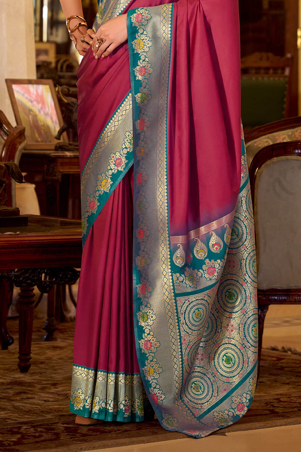 Ethnic Maroon Pure Zari Weaving Banarasi Silk Saree With Scintilla Blouse Piece