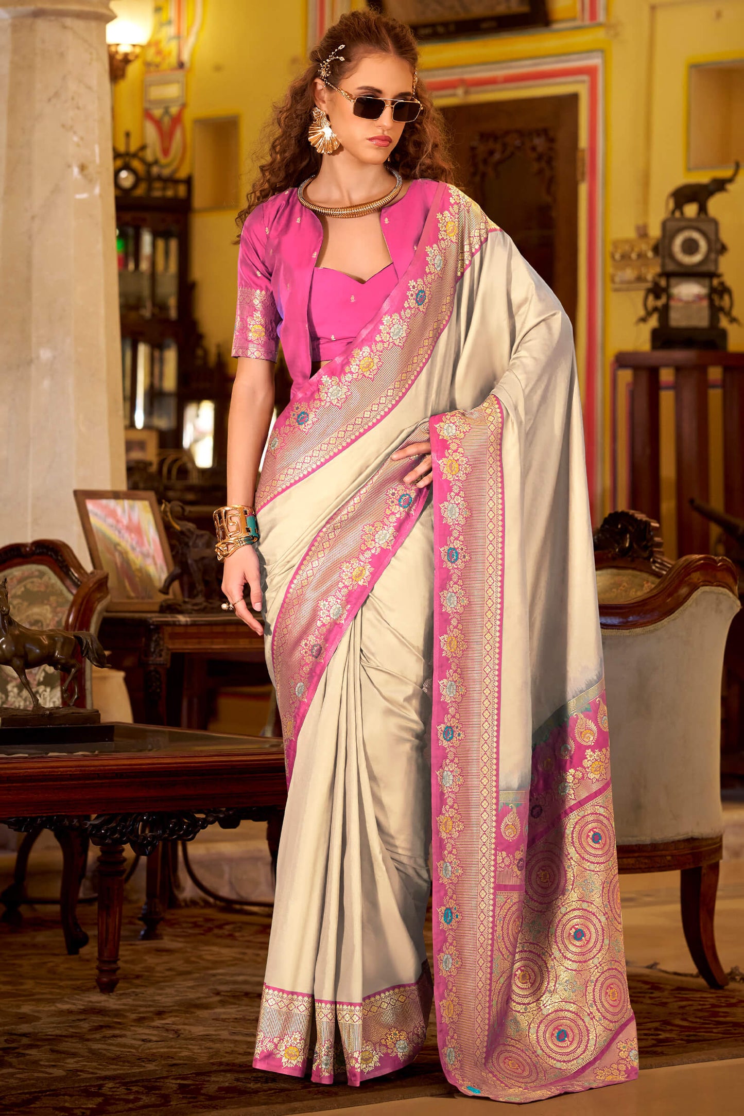 Twirling Beige Pure Zari Weaving Banarasi Silk Saree With Devastating Blouse Piece