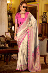 Twirling Beige Pure Zari Weaving Banarasi Silk Saree With Devastating Blouse Piece