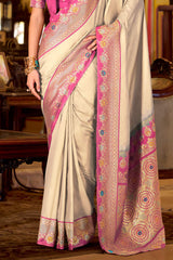 Twirling Beige Pure Zari Weaving Banarasi Silk Saree With Devastating Blouse Piece