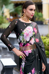 Bewitching Black Digital Printed Georgette Saree With Majestic Blouse Piece
