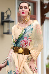Captivating Beige Digital Printed Georgette Saree With Unique Blouse Piece