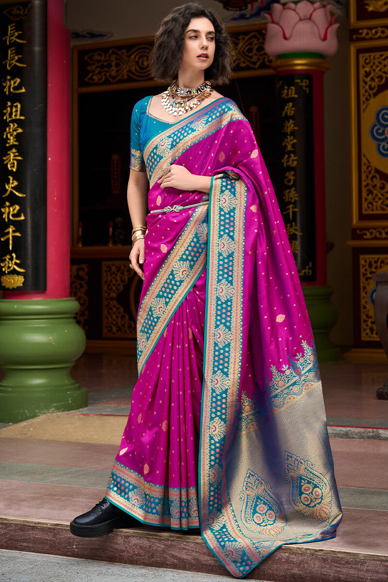 Elision Dark Pink Soft Banarasi Silk Saree With Woebegone Blouse Piece