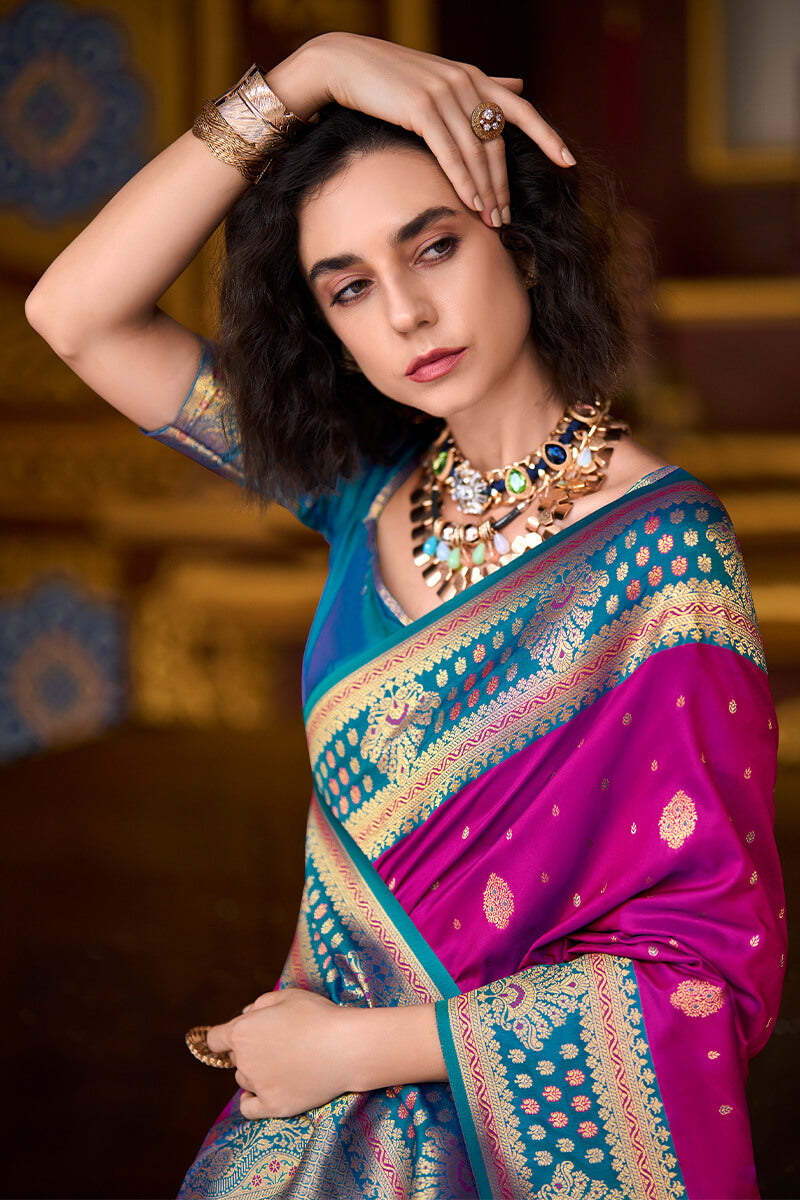 Elision Dark Pink Soft Banarasi Silk Saree With Woebegone Blouse Piece