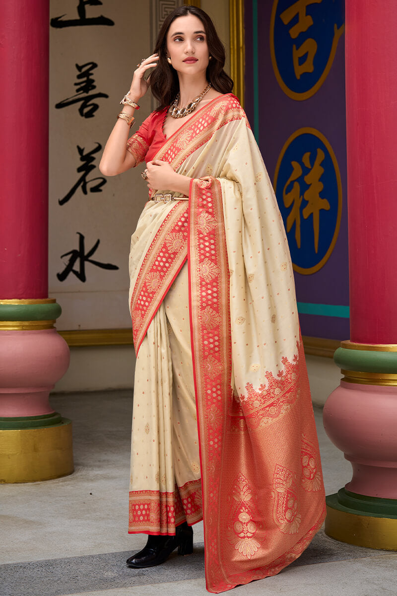 Redolent Beige Soft Banarasi Silk Saree With Deserving Blouse Piece