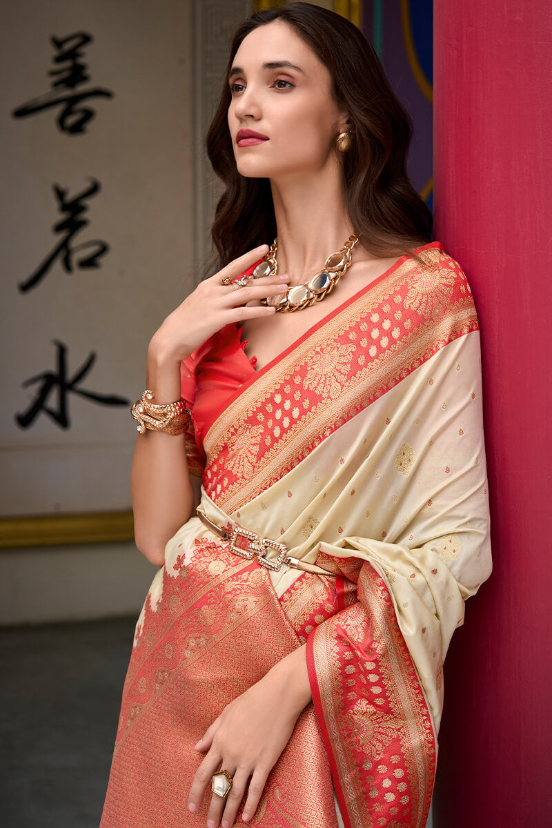 Redolent Beige Soft Banarasi Silk Saree With Deserving Blouse Piece