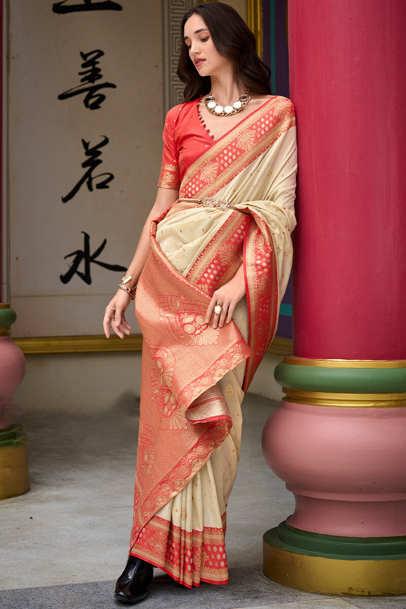 Redolent Beige Soft Banarasi Silk Saree With Deserving Blouse Piece