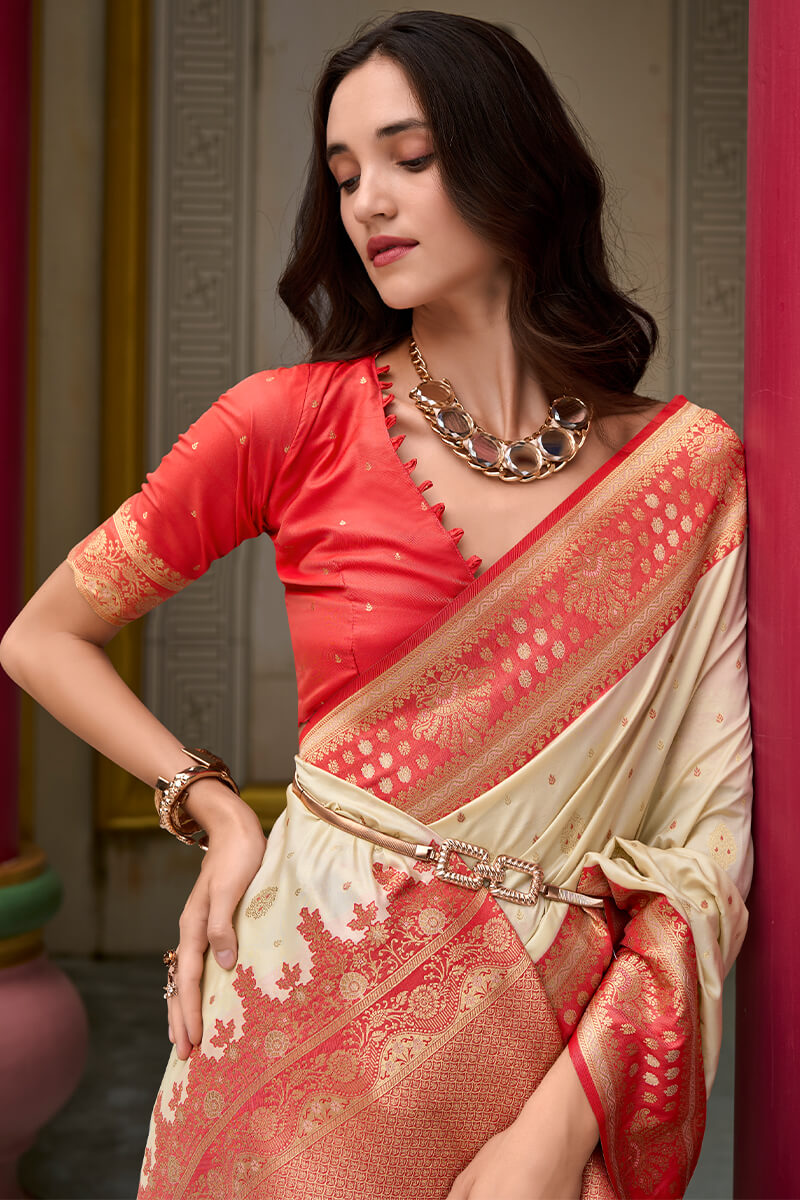 Redolent Beige Soft Banarasi Silk Saree With Deserving Blouse Piece