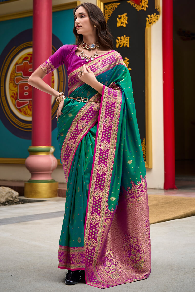 Surpassing Dark Green Soft Banarasi Silk Saree With Supernal Blouse Piece