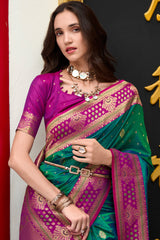 Surpassing Dark Green Soft Banarasi Silk Saree With Supernal Blouse Piece