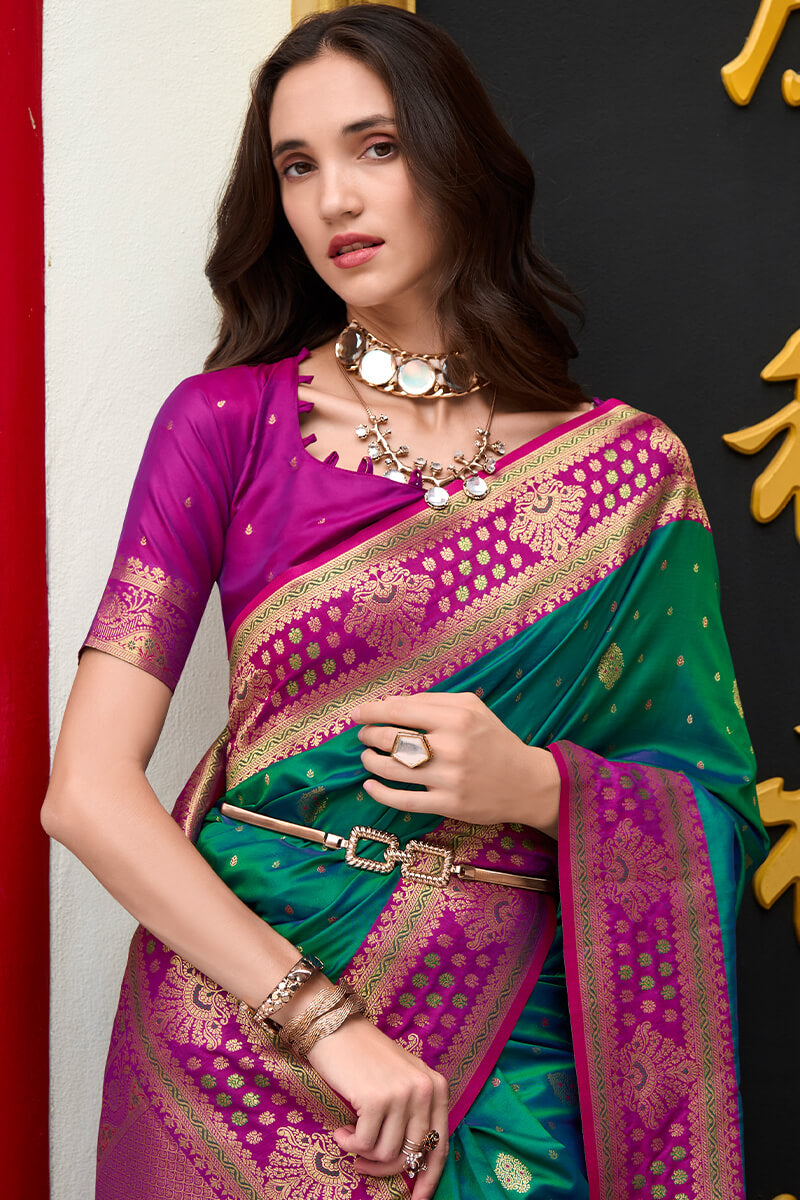 Surpassing Dark Green Soft Banarasi Silk Saree With Supernal Blouse Piece
