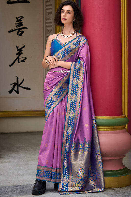 Exquisite Lavender Soft Banarasi Silk Saree With Splendorous Blouse Piece