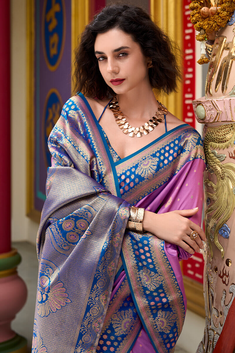 Exquisite Lavender Soft Banarasi Silk Saree With Splendorous Blouse Piece