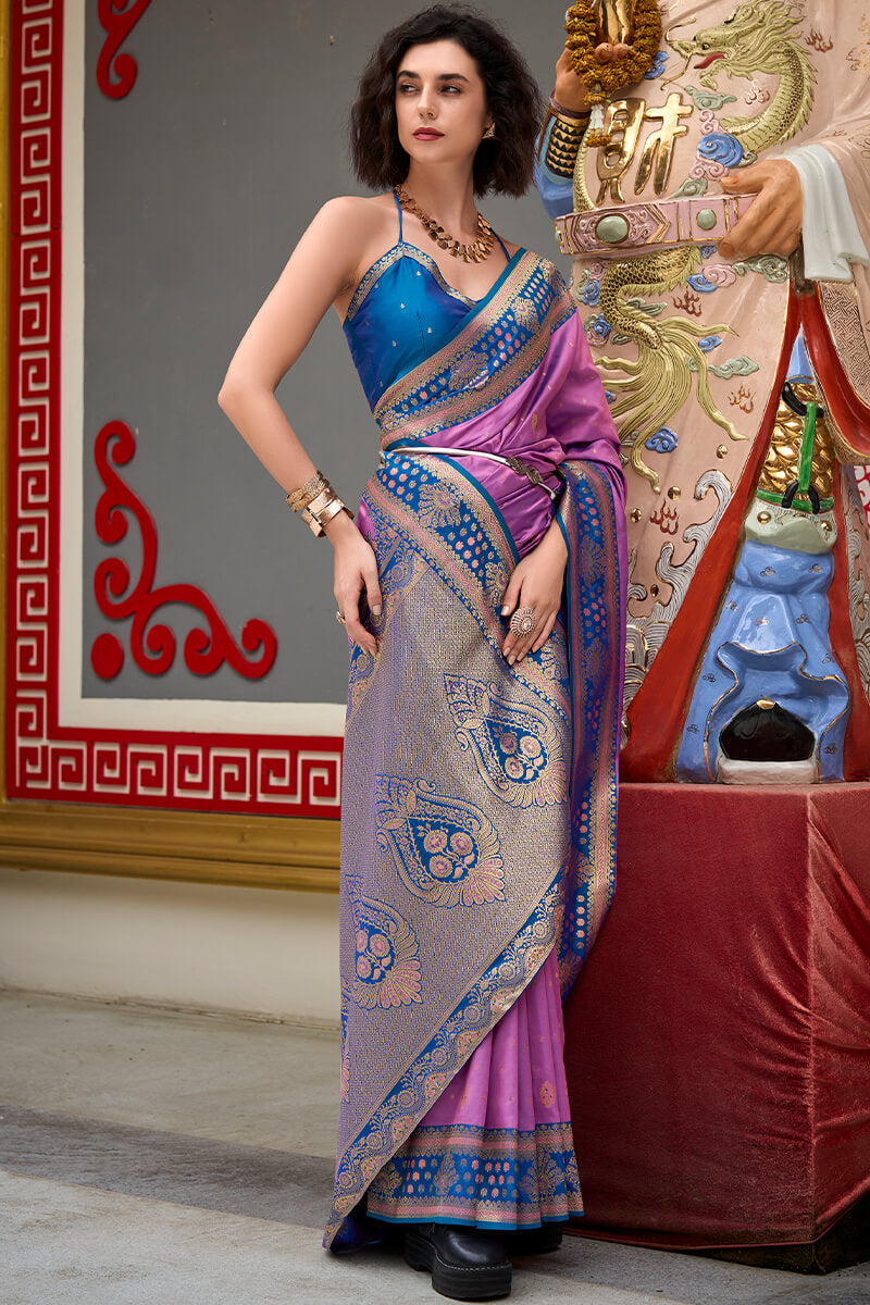 Exquisite Lavender Soft Banarasi Silk Saree With Splendorous Blouse Piece