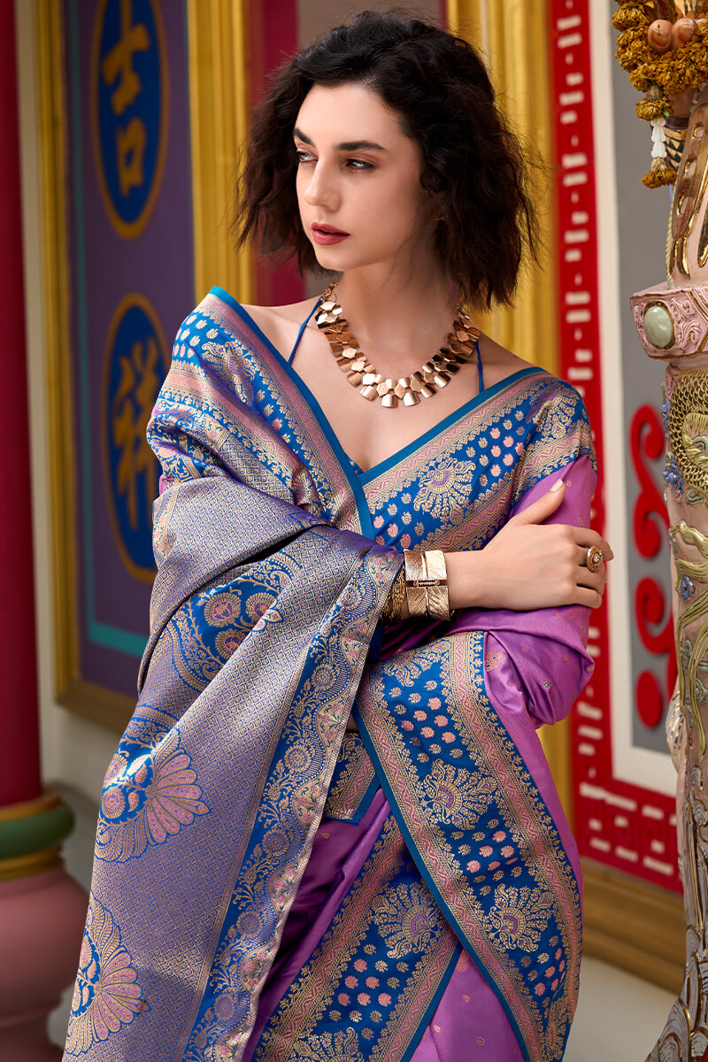 Exquisite Lavender Soft Banarasi Silk Saree With Splendorous Blouse Piece