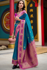 Opulent Blue Soft Banarasi Silk Saree With Classic Blouse Piece