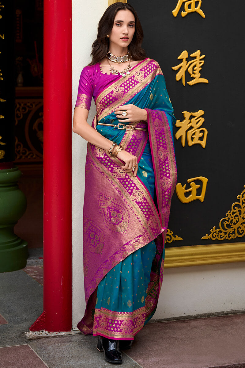 Opulent Blue Soft Banarasi Silk Saree With Classic Blouse Piece