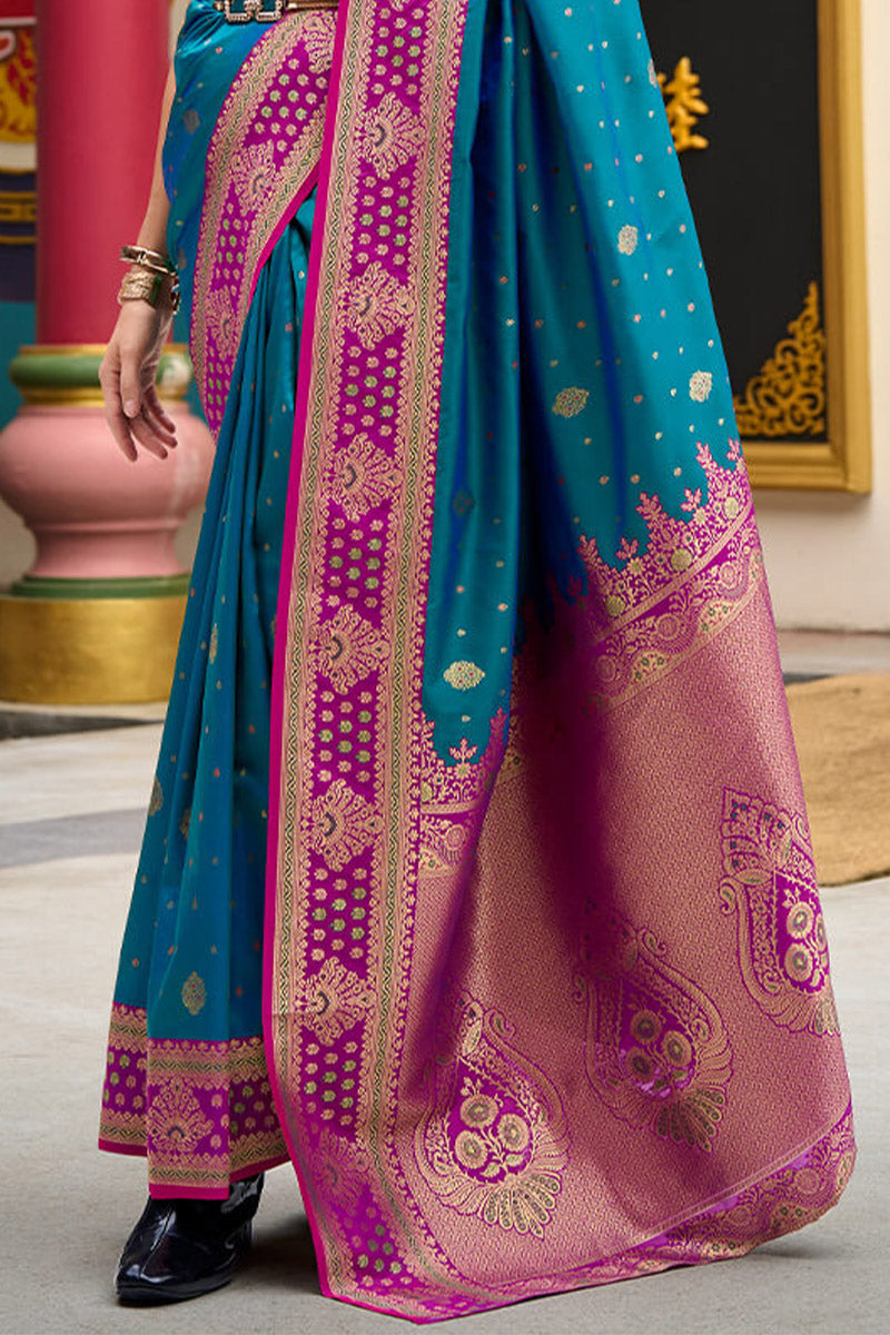 Opulent Blue Soft Banarasi Silk Saree With Classic Blouse Piece