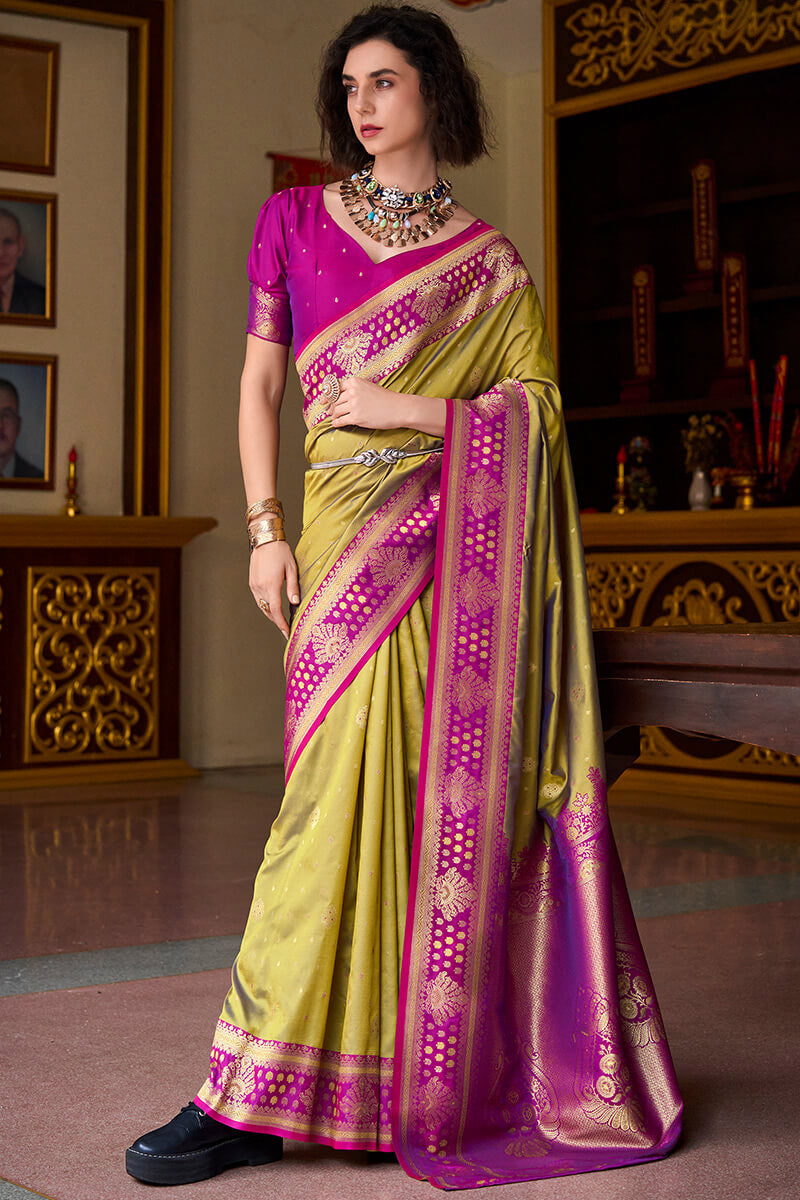 Skinny Mustard Soft Banarasi Silk Saree With Evanescent Blouse Piece