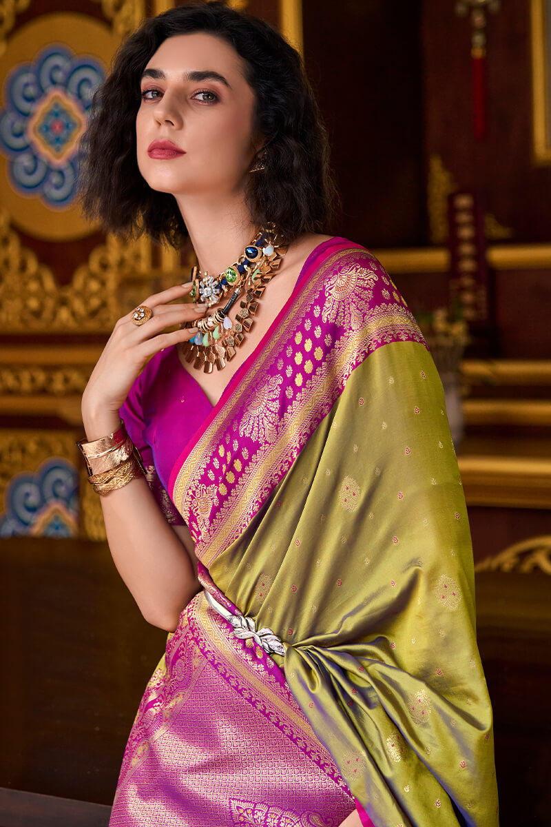 Skinny Mustard Soft Banarasi Silk Saree With Evanescent Blouse Piece