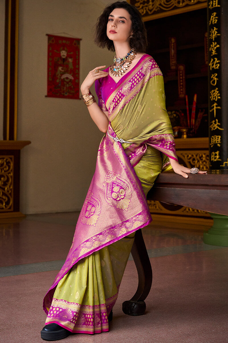 Skinny Mustard Soft Banarasi Silk Saree With Evanescent Blouse Piece