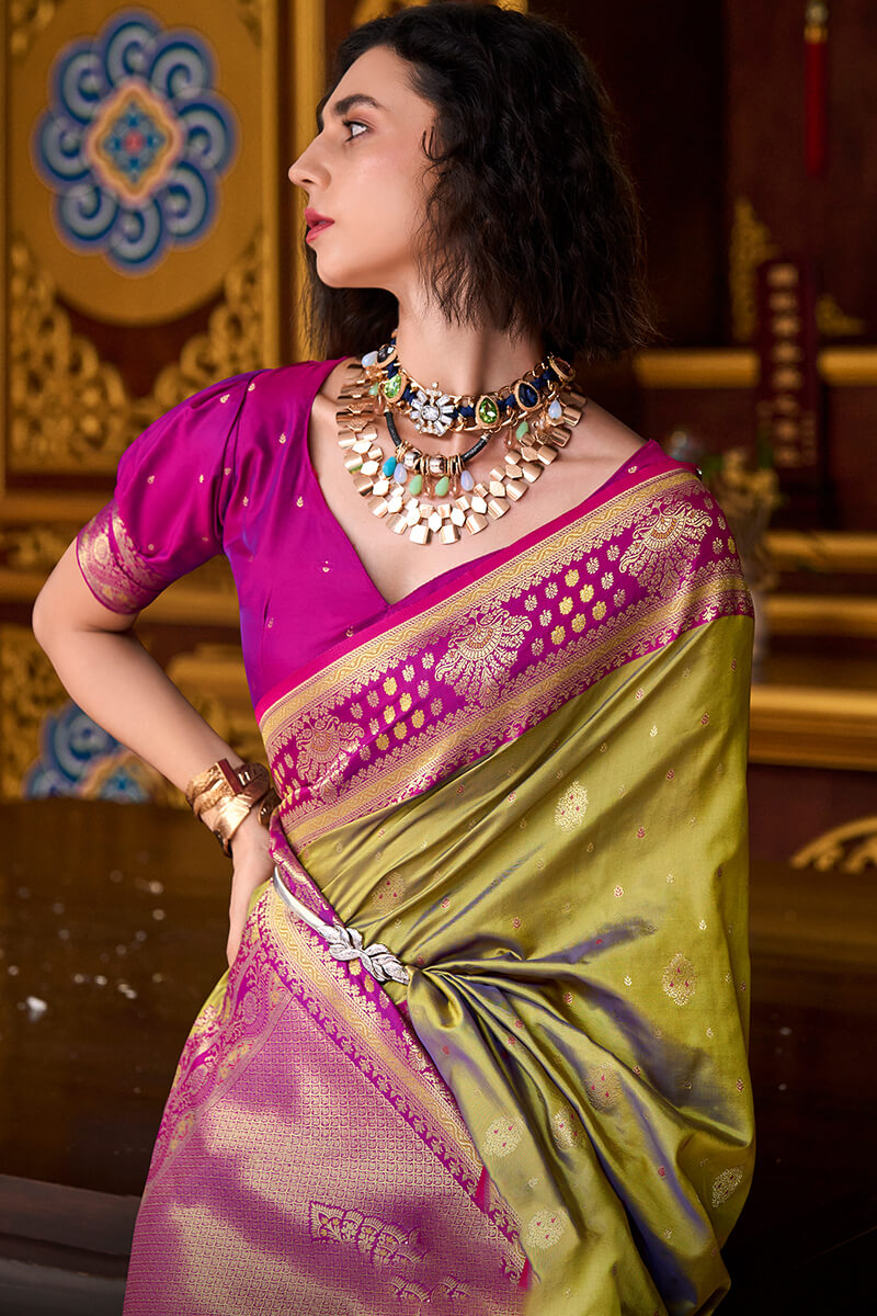 Skinny Mustard Soft Banarasi Silk Saree With Evanescent Blouse Piece