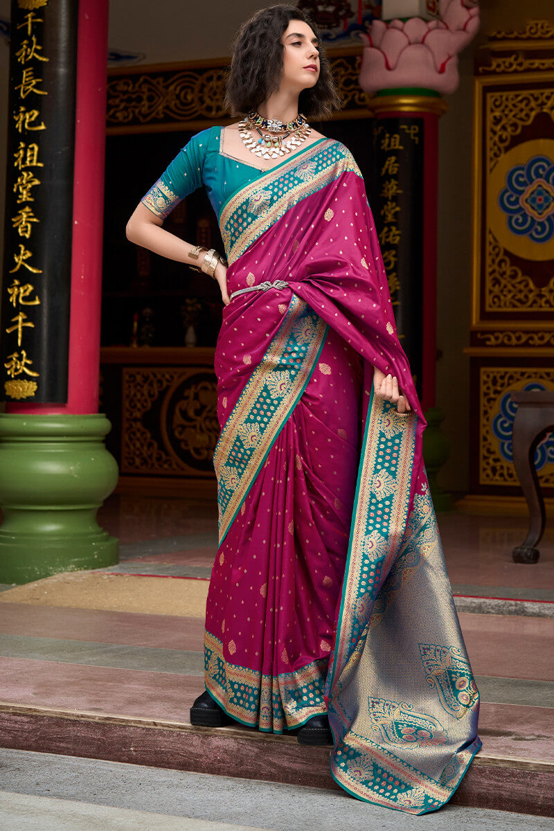 Designer Wine Soft Banarasi Silk Saree With Snappy Blouse Piece