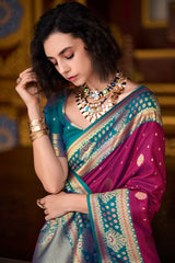 Designer Wine Soft Banarasi Silk Saree With Snappy Blouse Piece