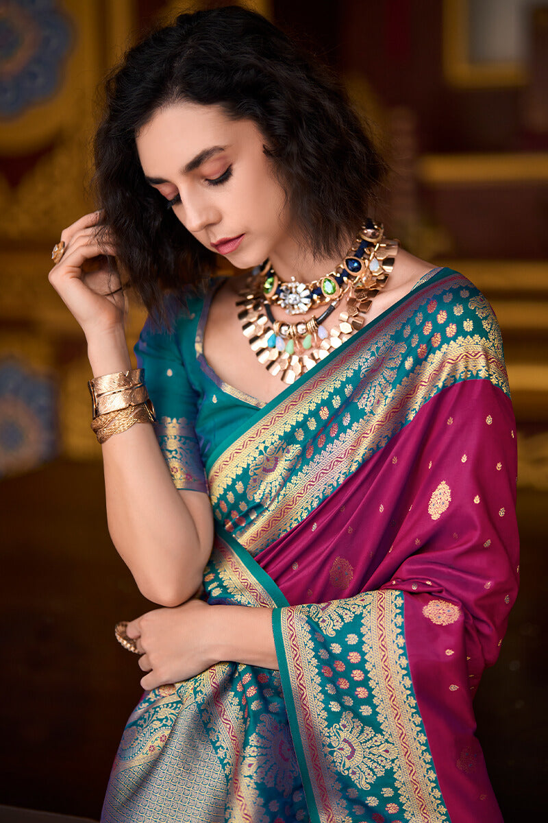 Designer Wine Soft Banarasi Silk Saree With Snappy Blouse Piece