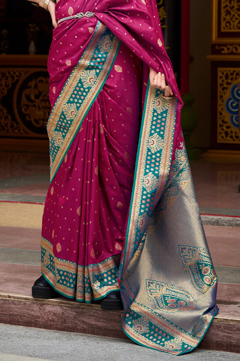 Designer Wine Soft Banarasi Silk Saree With Snappy Blouse Piece