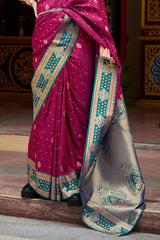 Designer Wine Soft Banarasi Silk Saree With Snappy Blouse Piece