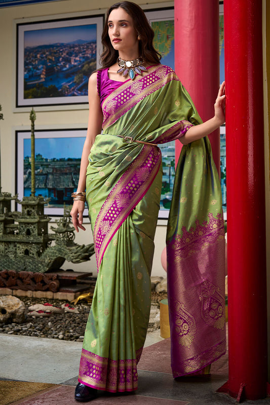 Invaluable Green Soft Banarasi Silk Saree With Scintilla Blouse Piece