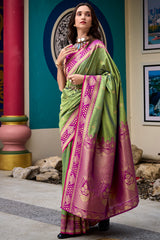 Invaluable Green Soft Banarasi Silk Saree With Scintilla Blouse Piece