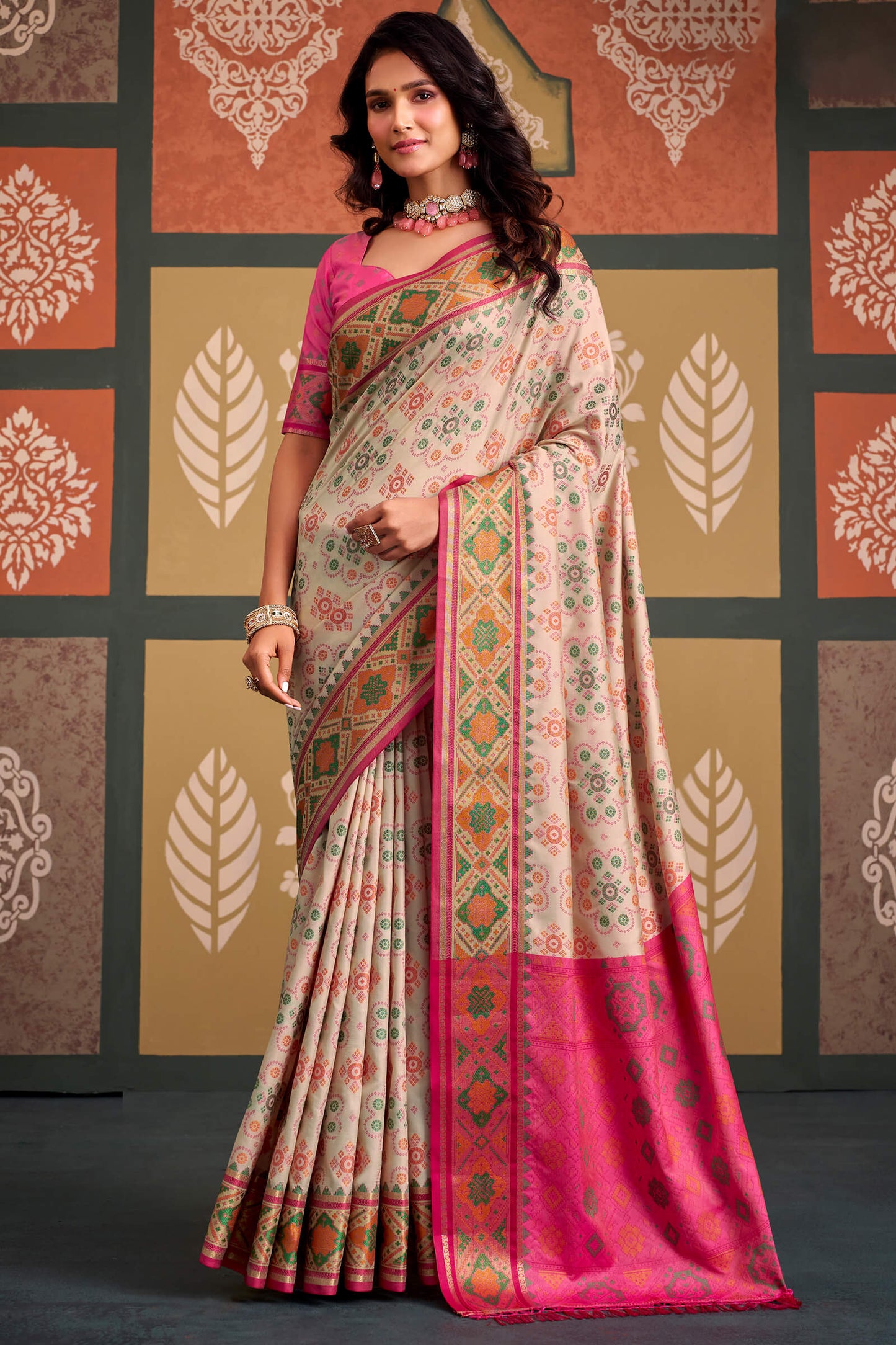 Desultory Beige Patola Silk Saree with Unequalled Blouse Piece
