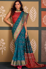 Demanding Blue Patola Silk Saree with Magnetic Blouse Piece