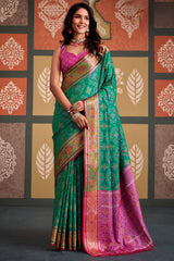 Elegant Rama Patola Silk Saree with Prettiest Blouse Piece