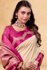 Devastating Beige Banarasi Satin Silk Saree With Flameboyant Blouse