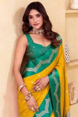 Assemblage Yellow Banarasi Satin Silk Saree With Charismatic Blouse