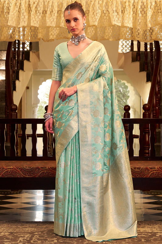 Fairytale Sea Green Banarasi Satin Silk Saree With Forbearance Blouse